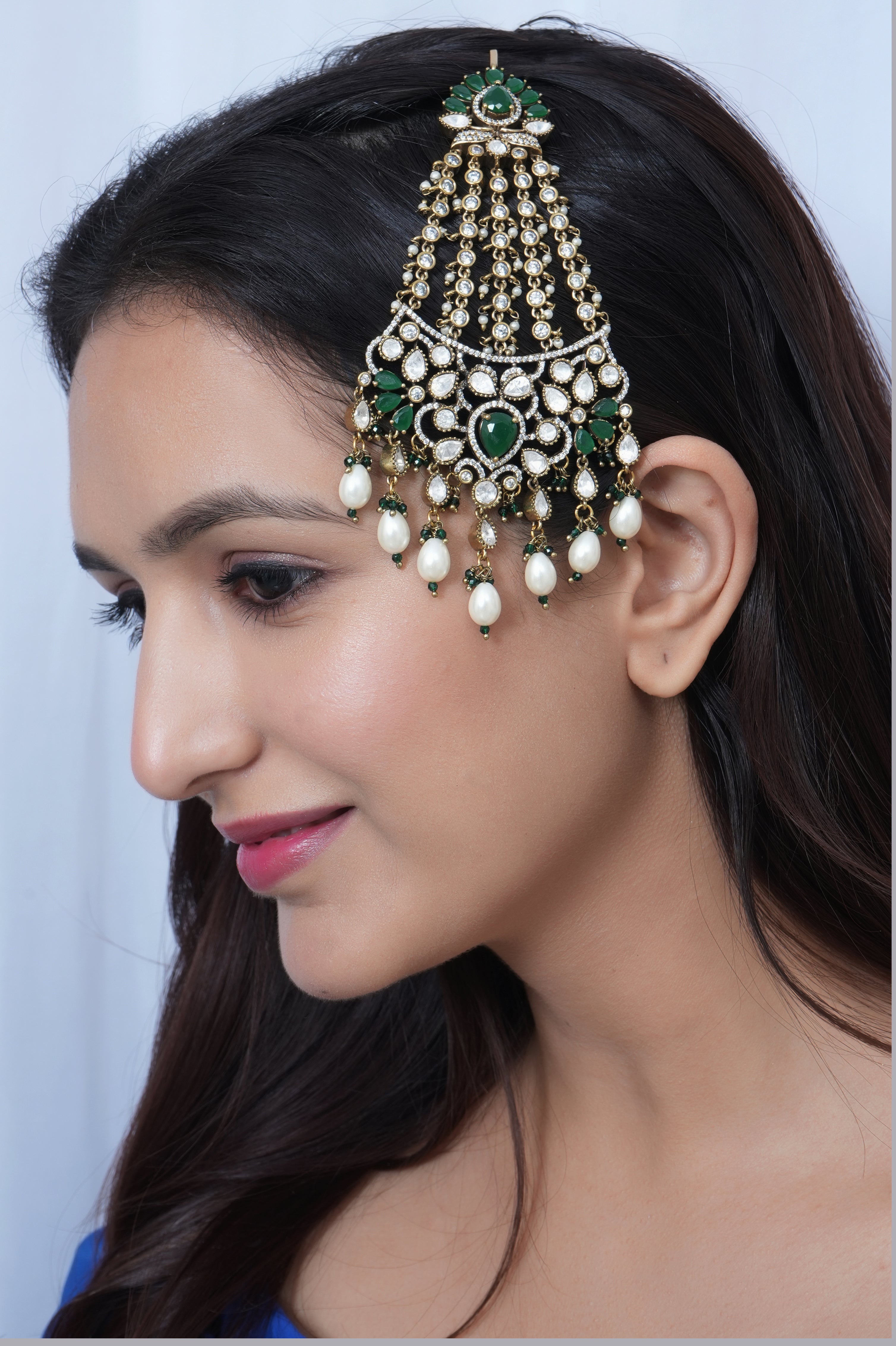 Premium Kundan Polki Bridal Green Stone Head Passa