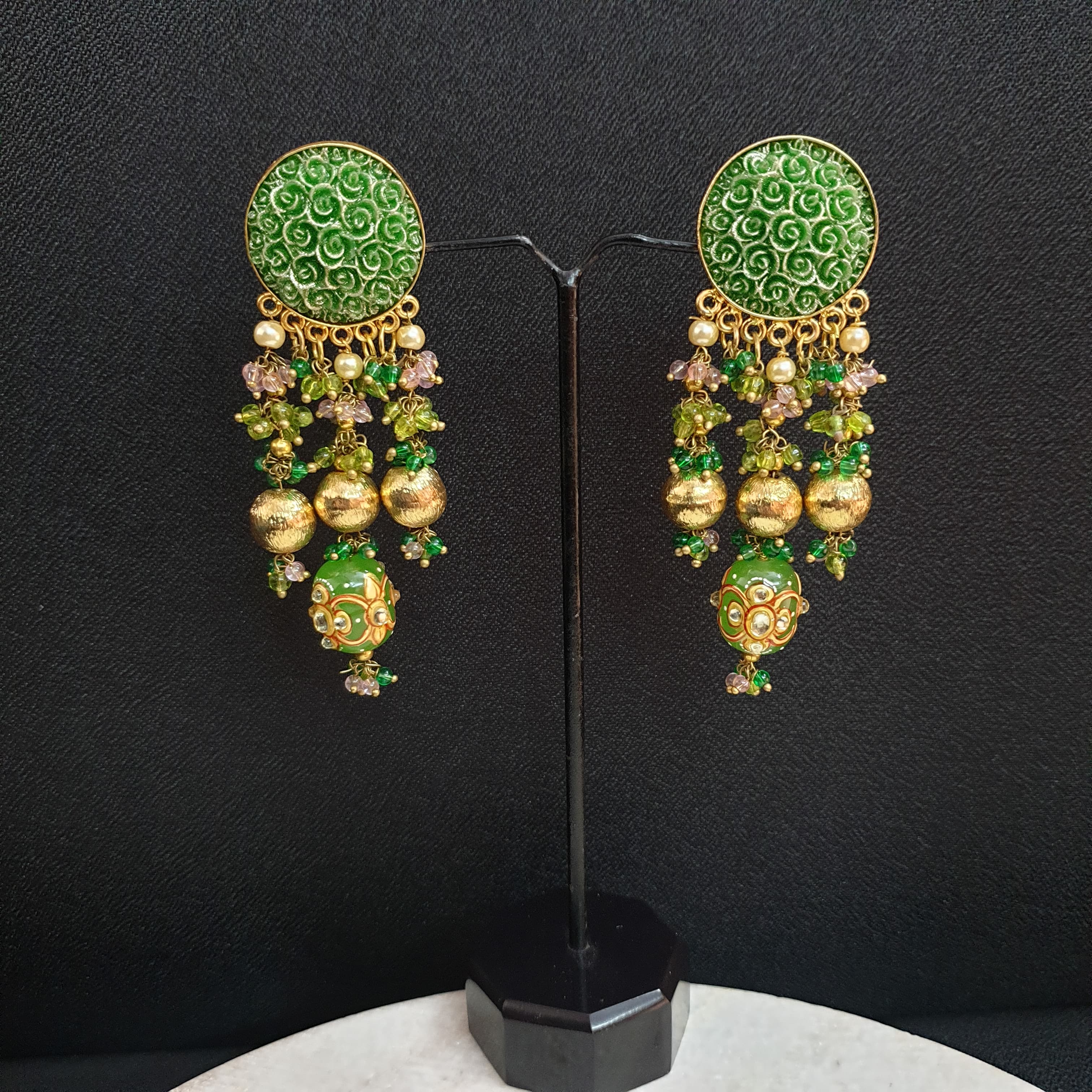 Green Engraved Floral Handpainted Beaded Earrings