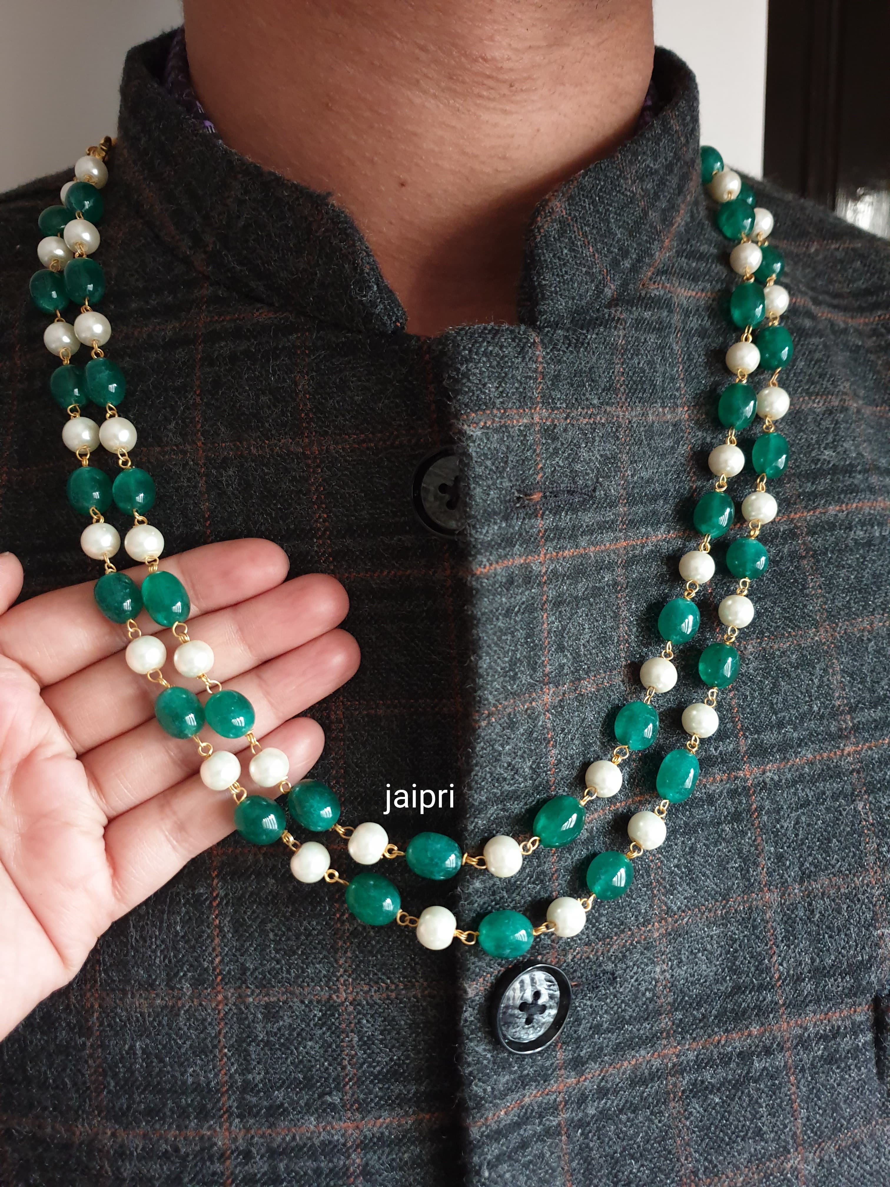 Two Layered Pearl And Green Beaded Groom Necklace