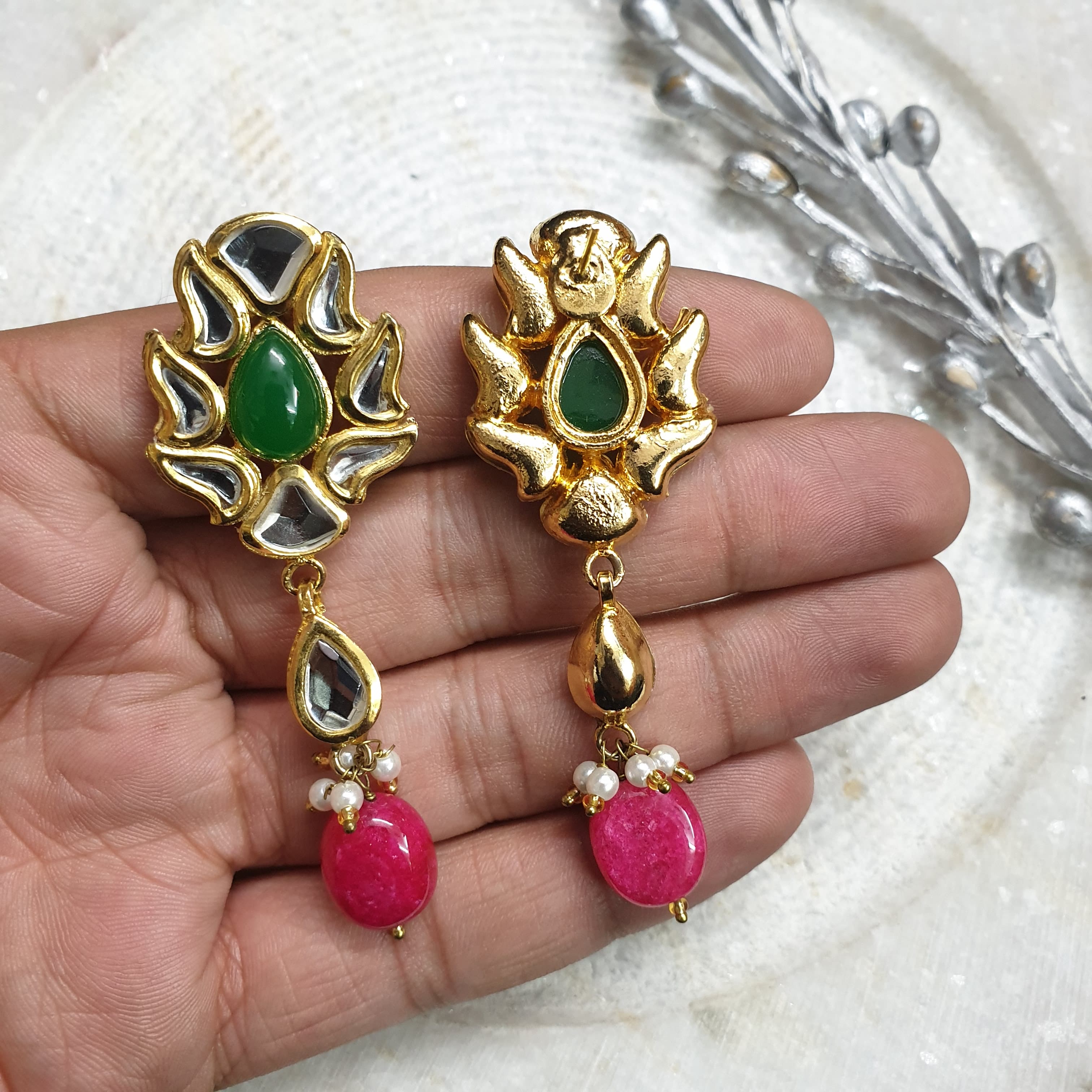 22k Gold Plated Red Green Stone Kundan Earrings