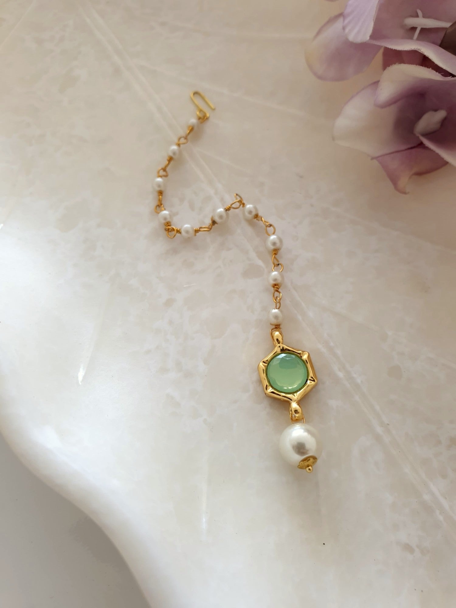 Pista Green Stone Meenakari Pearl Beaded Maang Tikka