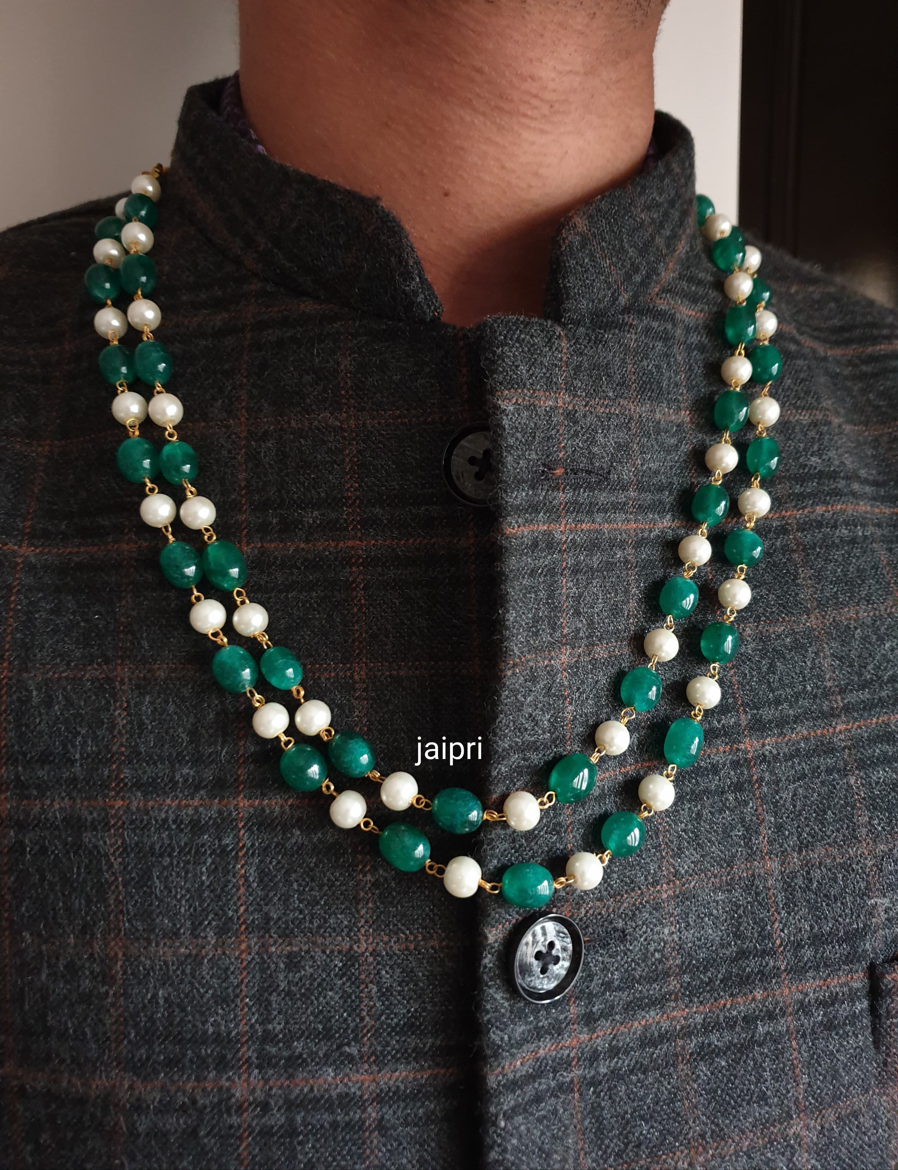 Two Layered Pearl And Green Beaded Groom Necklace