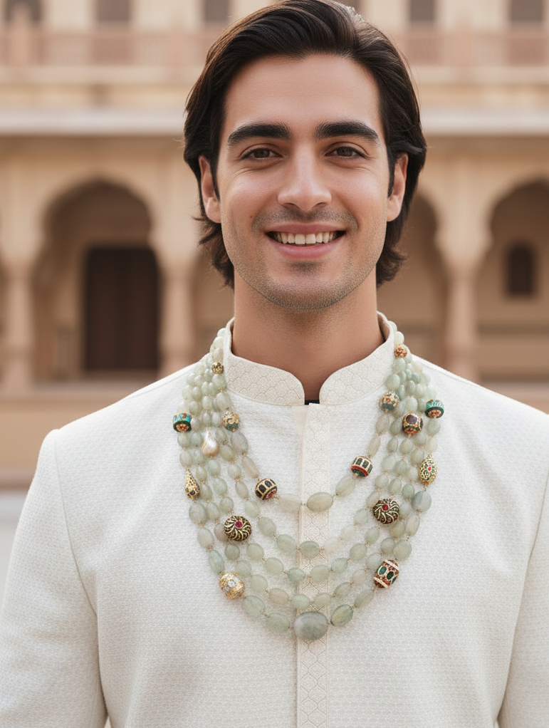 Emerald Green Beaded Antique Five Layered Groom Necklace for Wedding