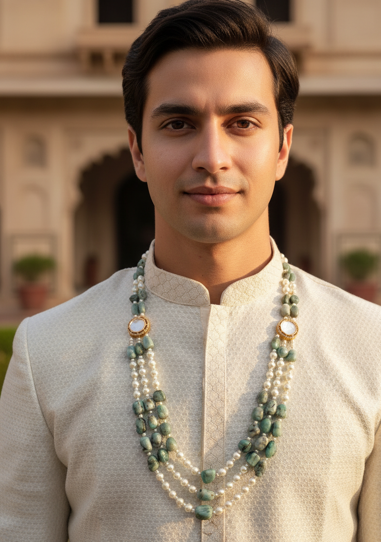 Real Emerald Stone With Pearl Three Layered Groom Jewellery