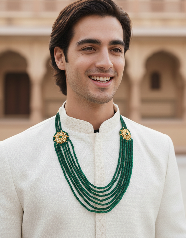 Emerald Green Stone Kundan Brooch Seven Layered Indian Groom Necklace