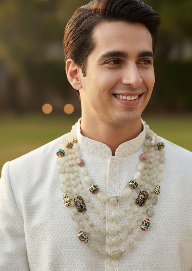 Yellow Stone Anitique Beaded Five Layered Necklace for Groom