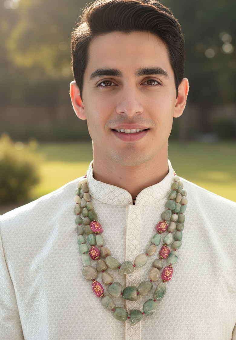 Emerald Green Stone Handpainted Beads Three Layered Groom Necklace