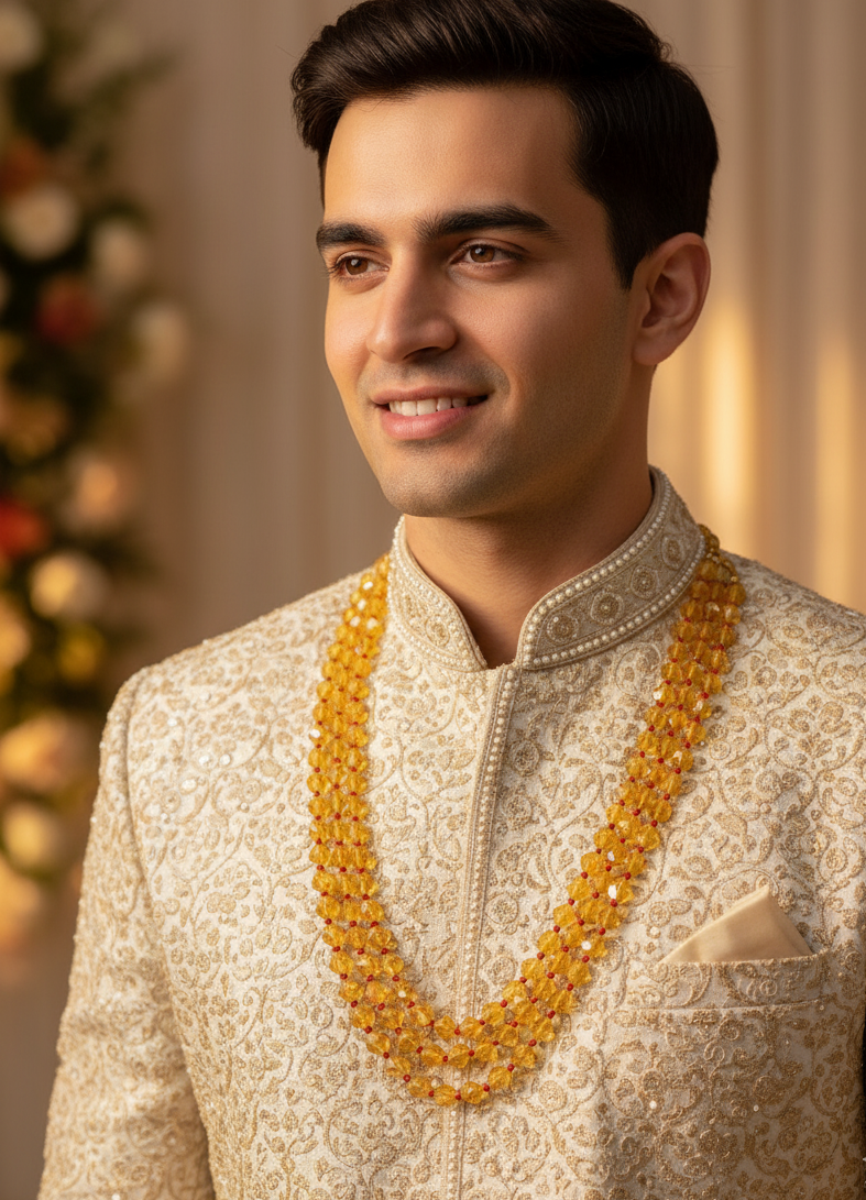 Yellow Stone Three Layered Beads Groom Necklace For Sherwani
