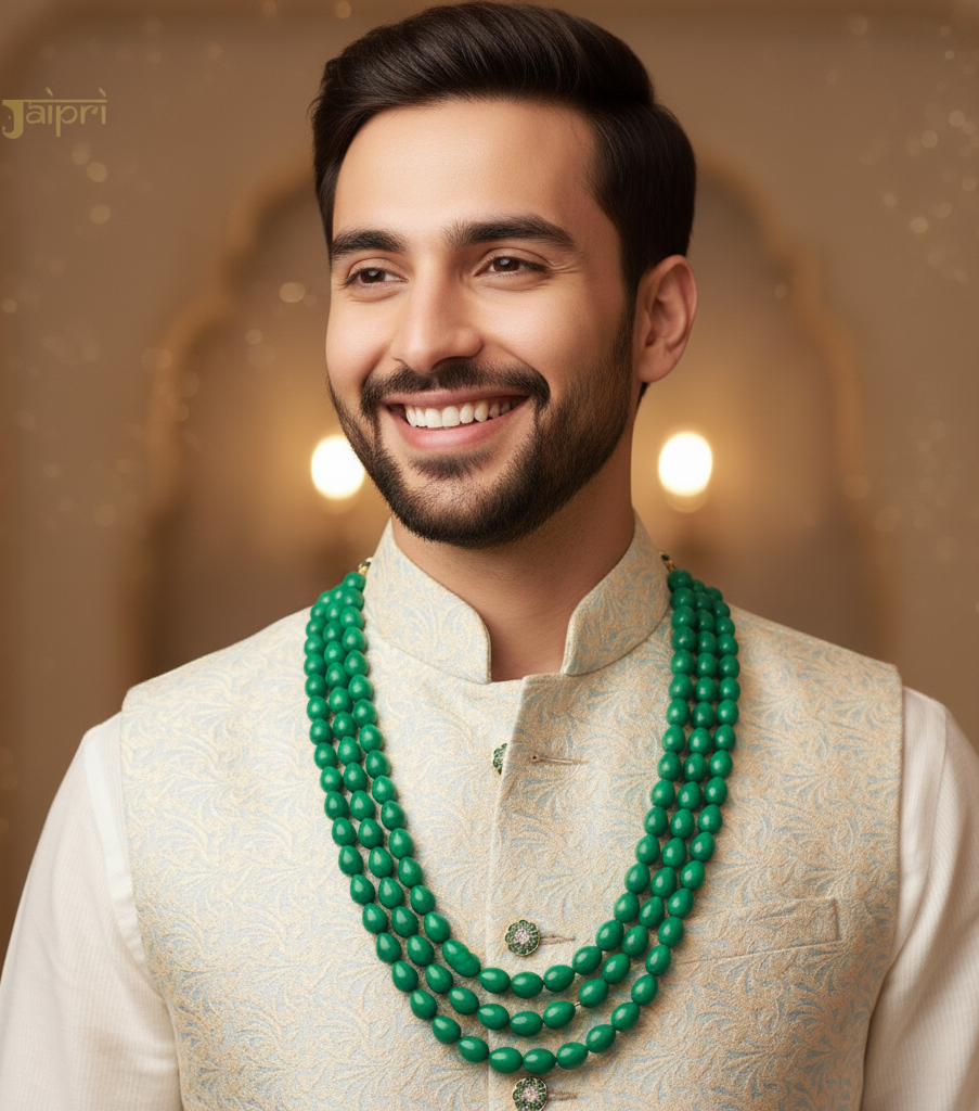 Green Teardrop Three Layered Groom Necklace Set for Sherwani