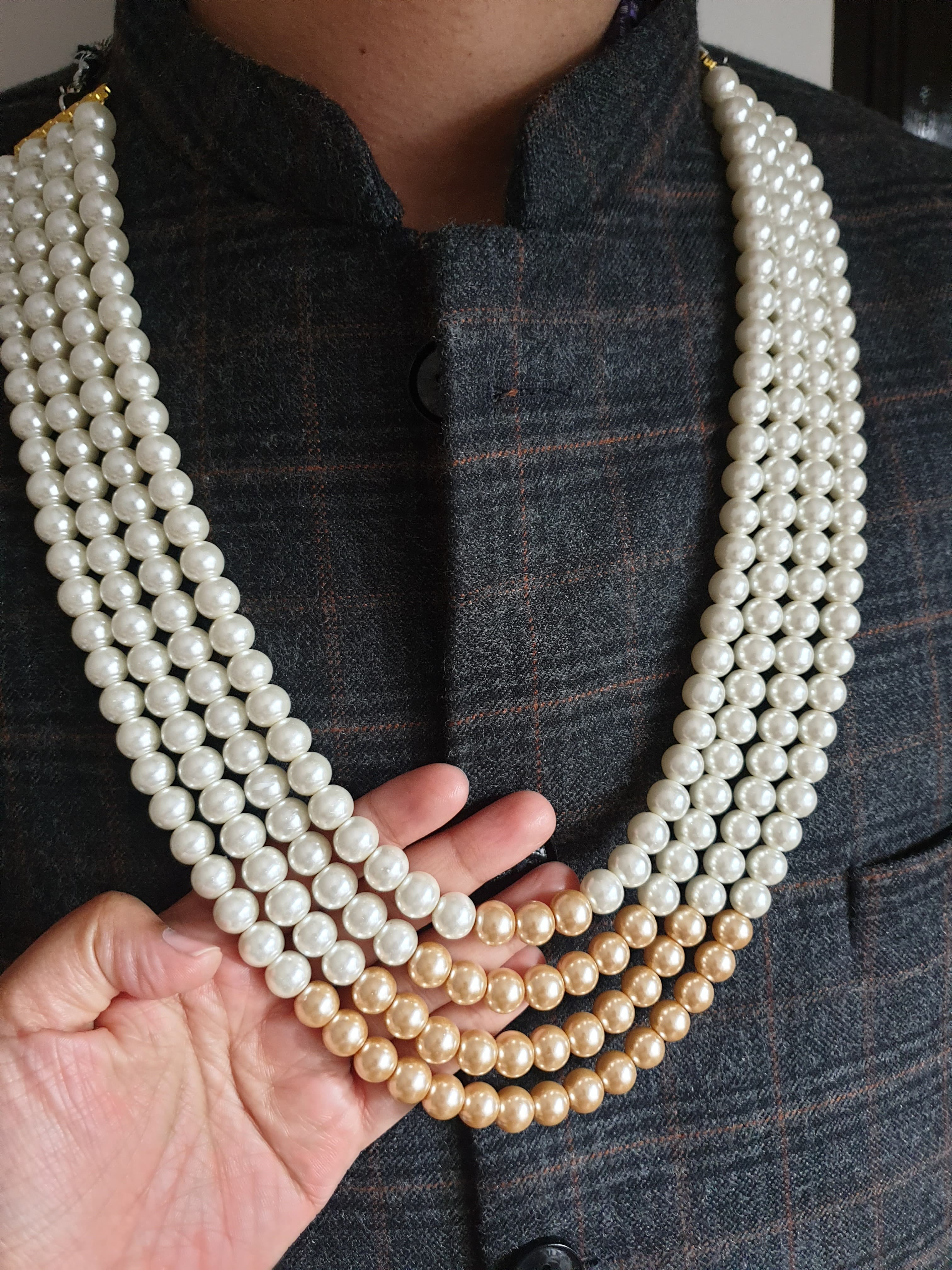 Four Layered Pearl And Gold Beads Groom Necklace
