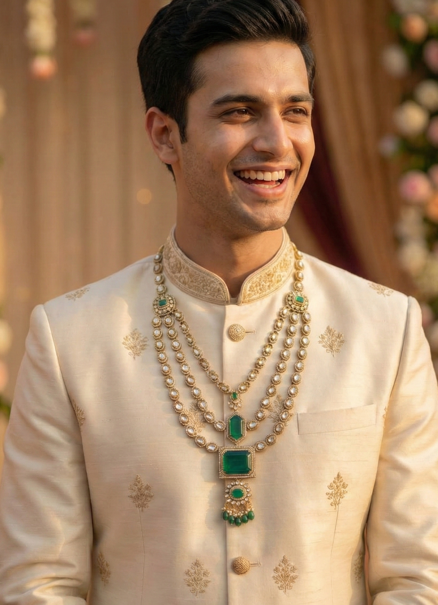 Bollywood Inspired Green Premium Kundan Polki Groom Necklace