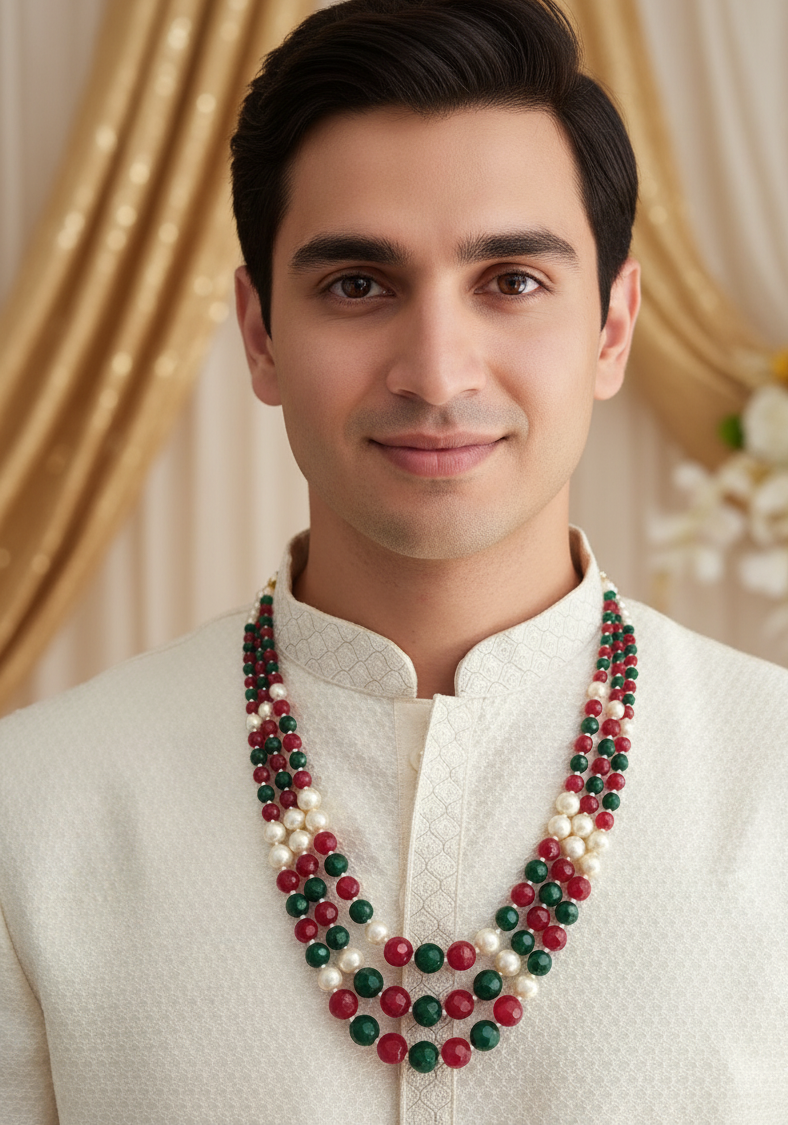 Multi Beads Three Layered Groom Necklace Set