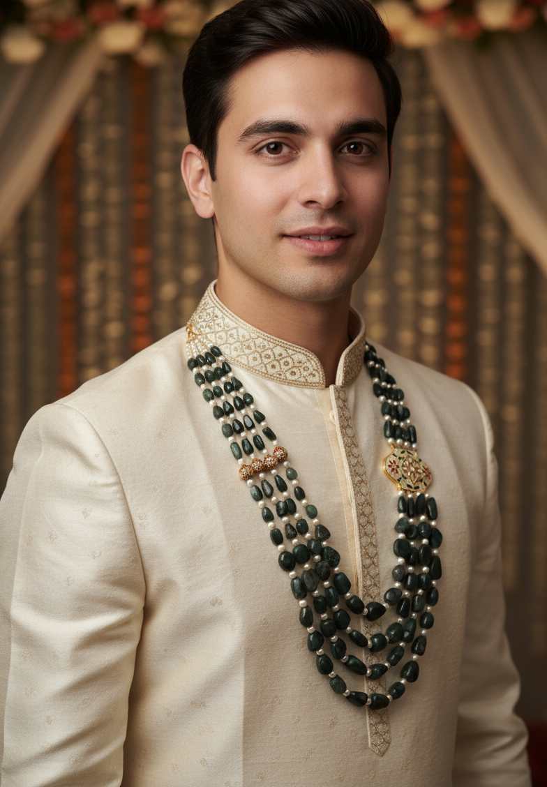 Real Emerald Stones With Jadau Meenakari Brooch Long Groom Jewellery Set