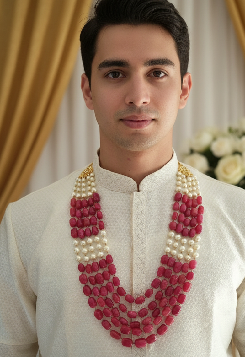 Ruby Red and Pearl Five Layered Groom Necklace Set