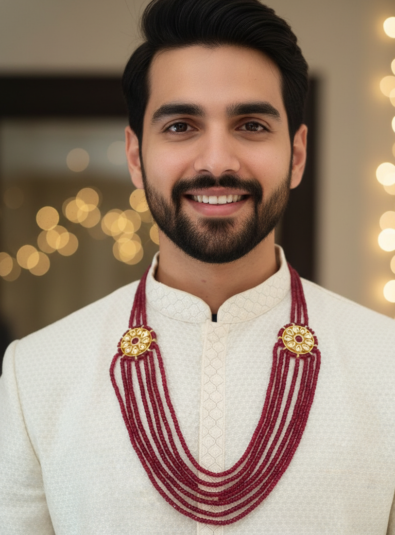 Ruby Red Beaded Kundan Brooch Groom Jewellery For sherwani