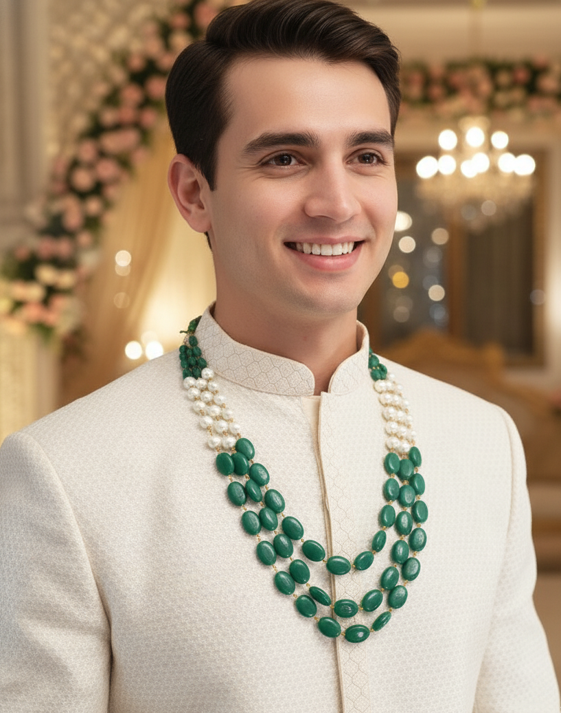 Green Beaded Pearl Three Layered Groom Necklace
