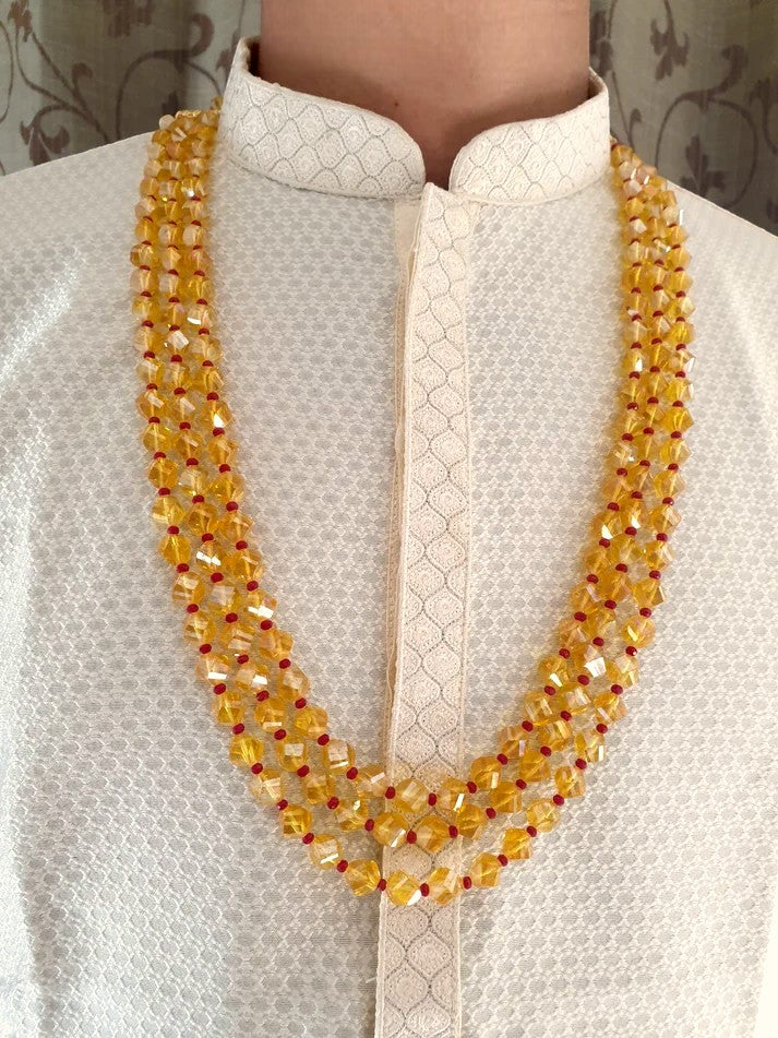 Yellow Stone Three Layered Beads Groom Necklace For Sherwani