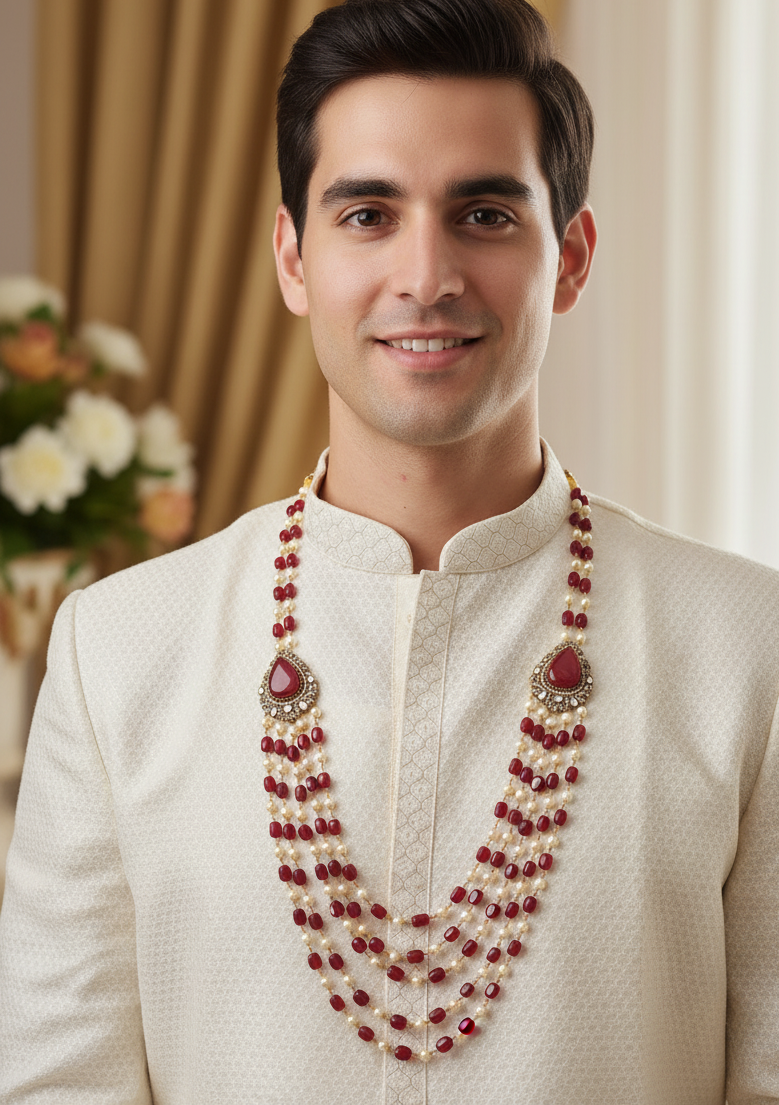 Pearl With Ruby Stone Groom Necklace Set