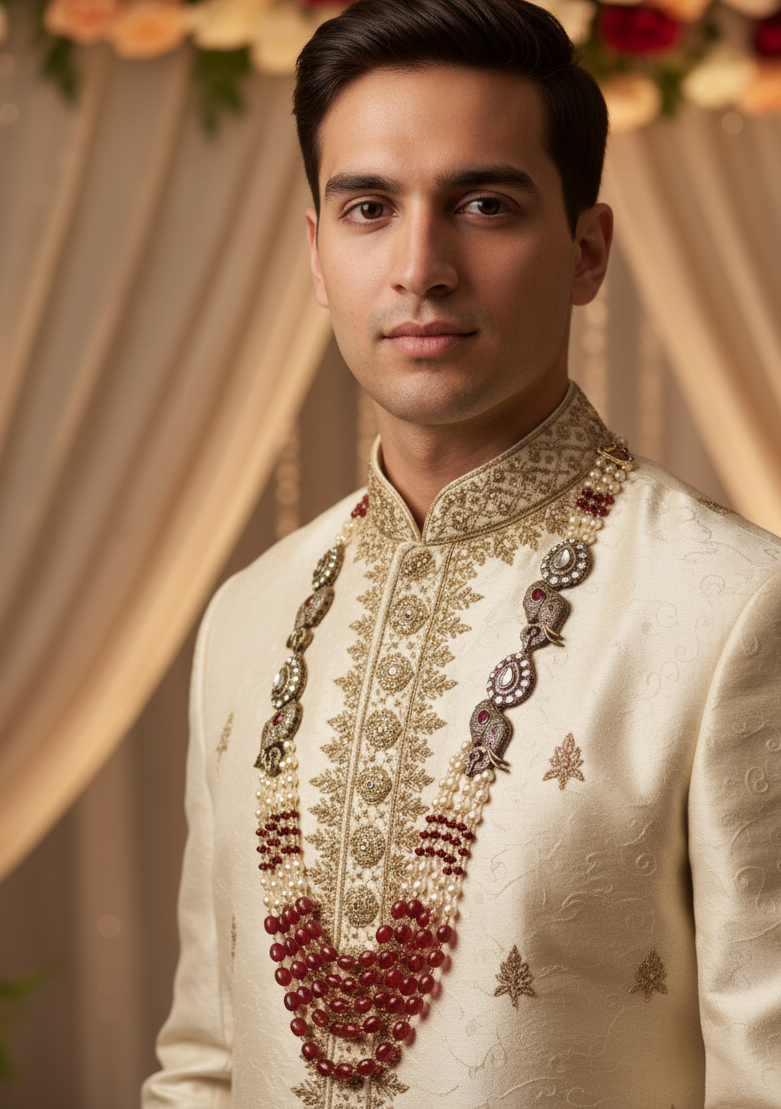 Ruby Stone And Pearl Beaded Groom Necklace with AD Kundan Elephant Brooch