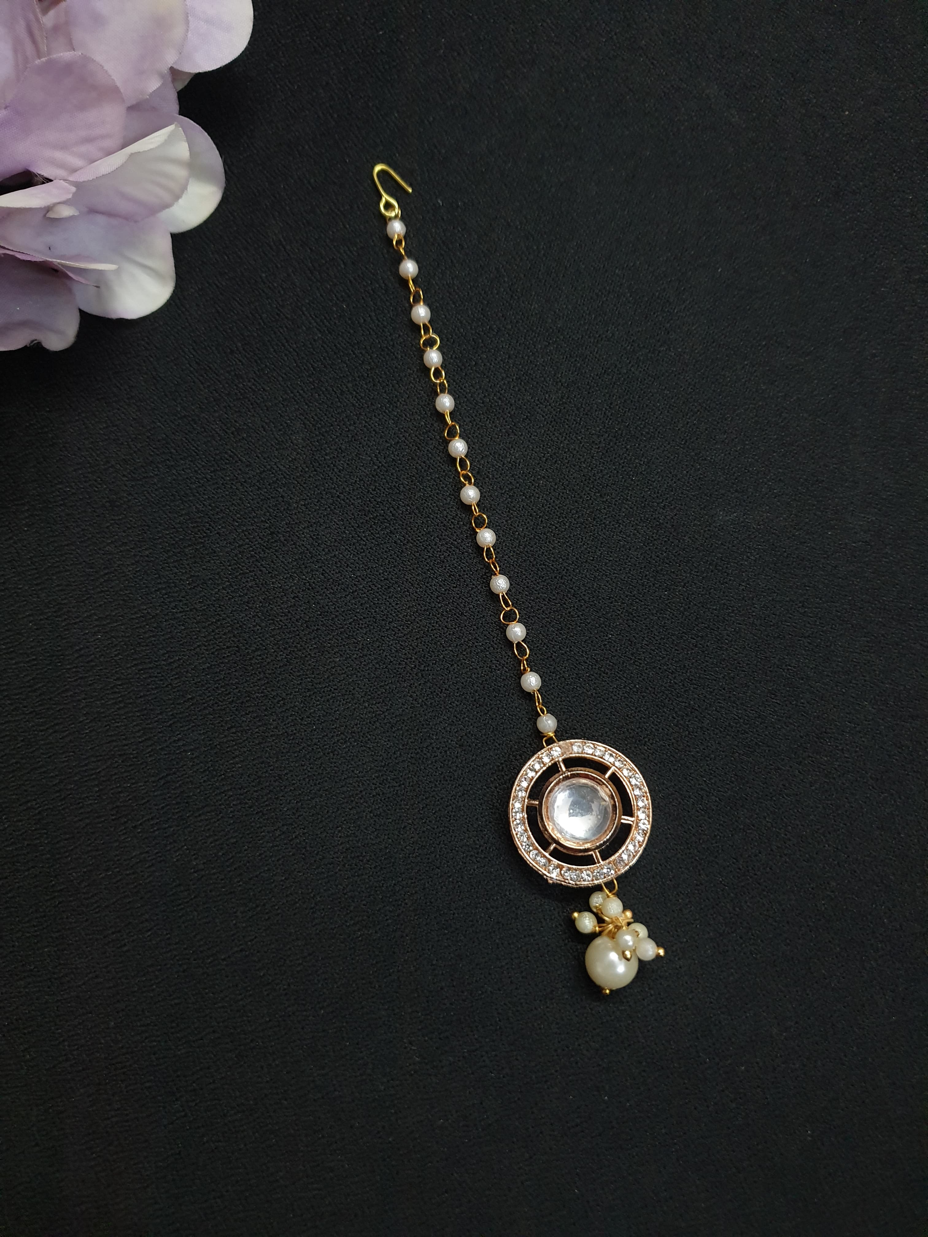 Rose Gold Kundan Polki Pearl Beaded Maang Tikka