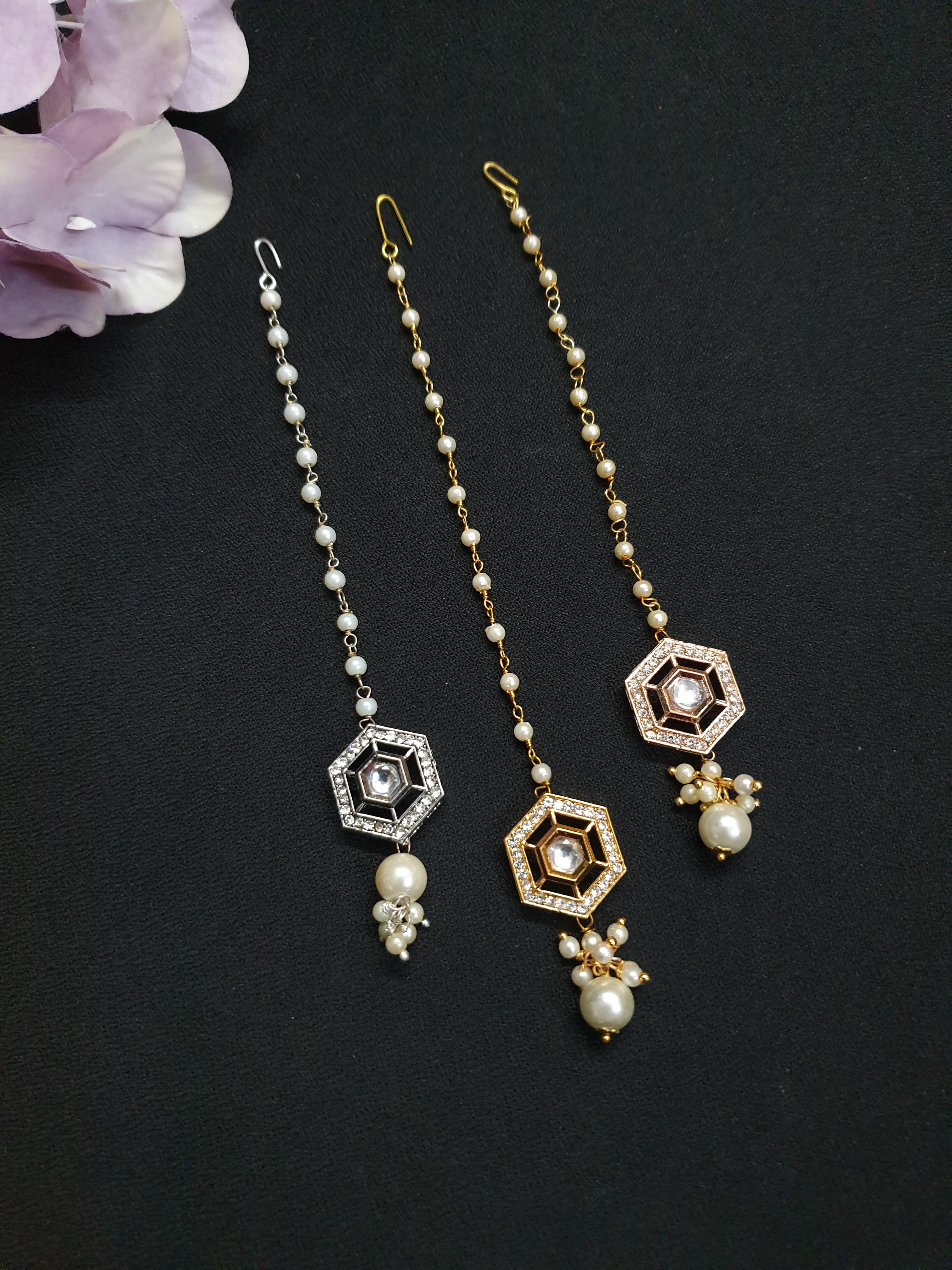 Designer Kundan Polki Pearl Beaded Maang Tikka (Pack of Three)