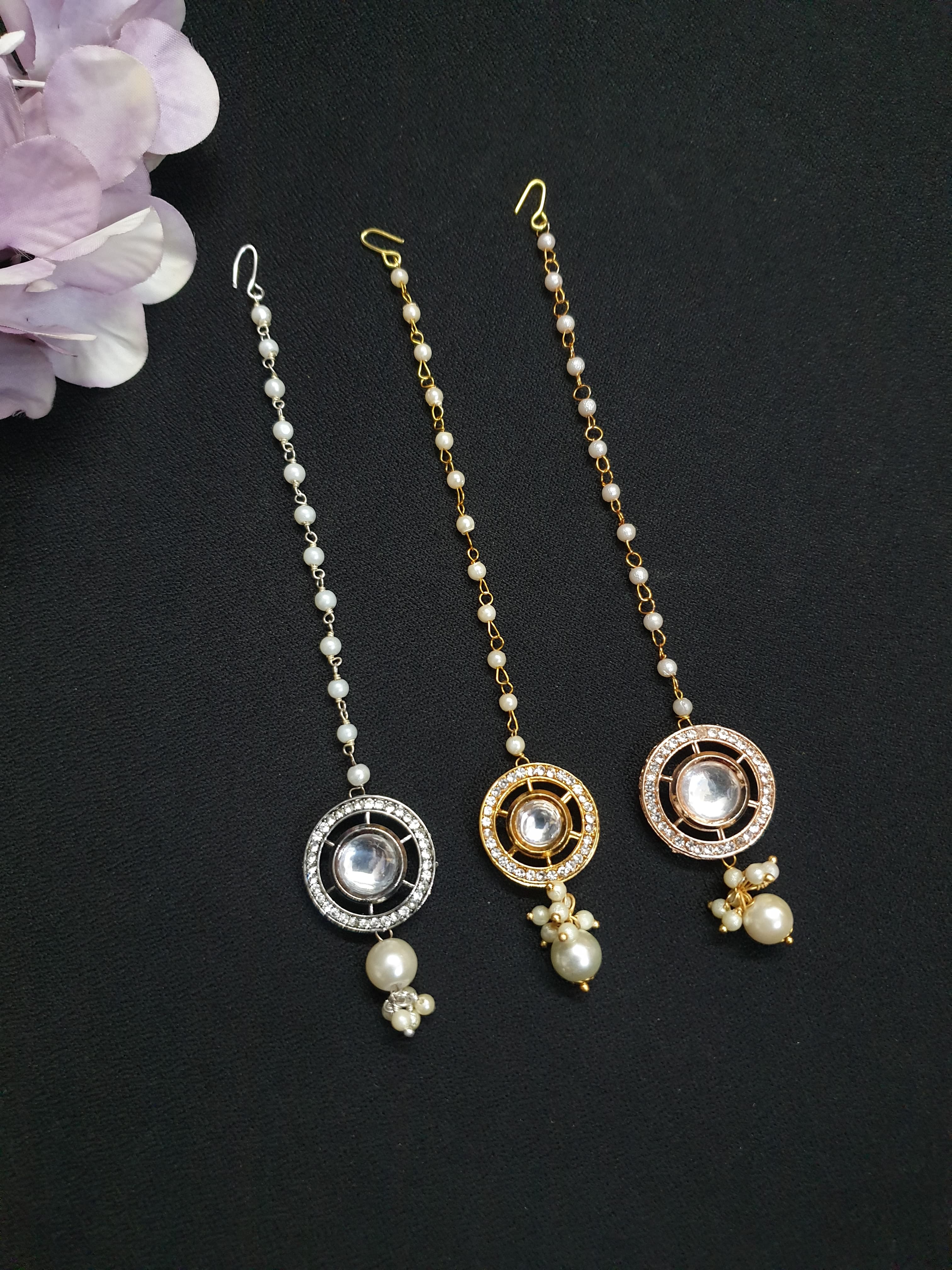 Kundan Polki Pearl Beaded Maang Tikka (Pack of Three)