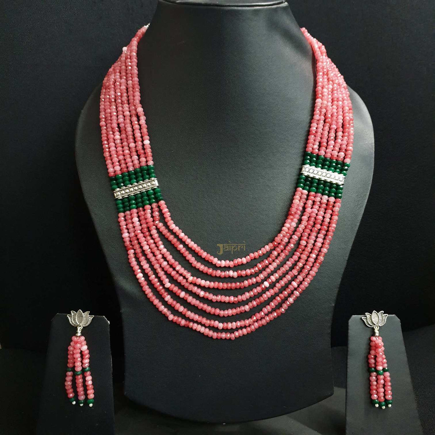 Multilayered Red & Green Beads Stone Necklace With Earrings