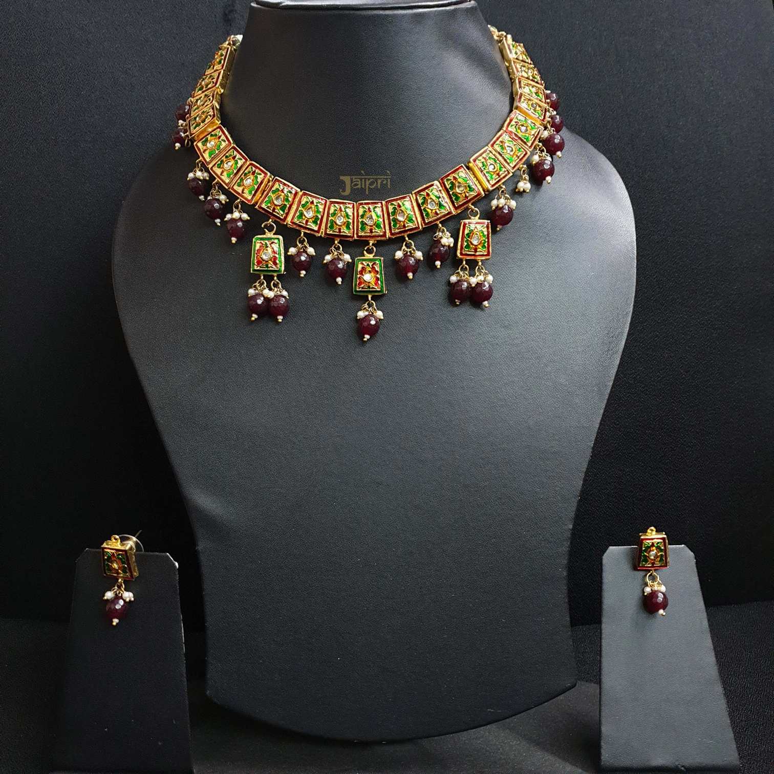 Green & Red Meenakari Thread Necklace With Earrings