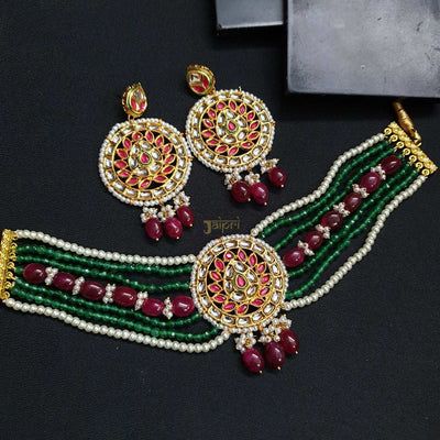 Floral Multicolor Kundan-Jadau Stone Choker With Earrings