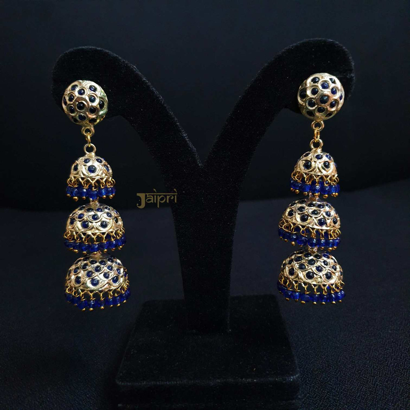 Blue Stone Three Layers Jhumki  Earrings