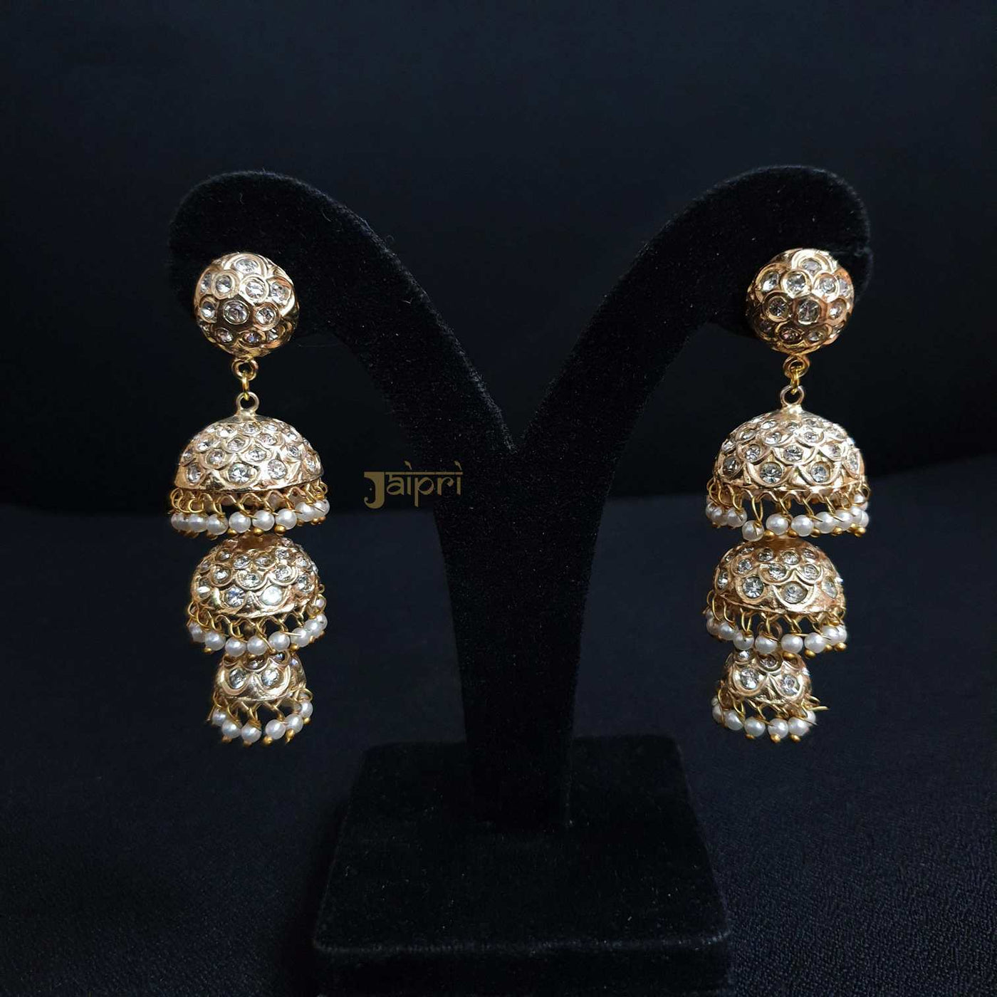 Pearl Stone Three Layers Jhumki Earrings