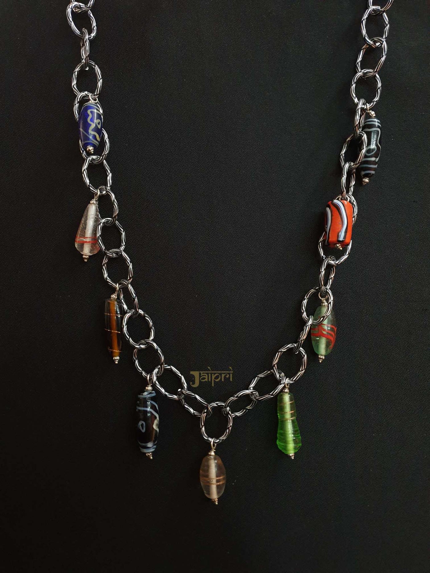 Multicolor Stone, Oxidized Necklace With Earrings