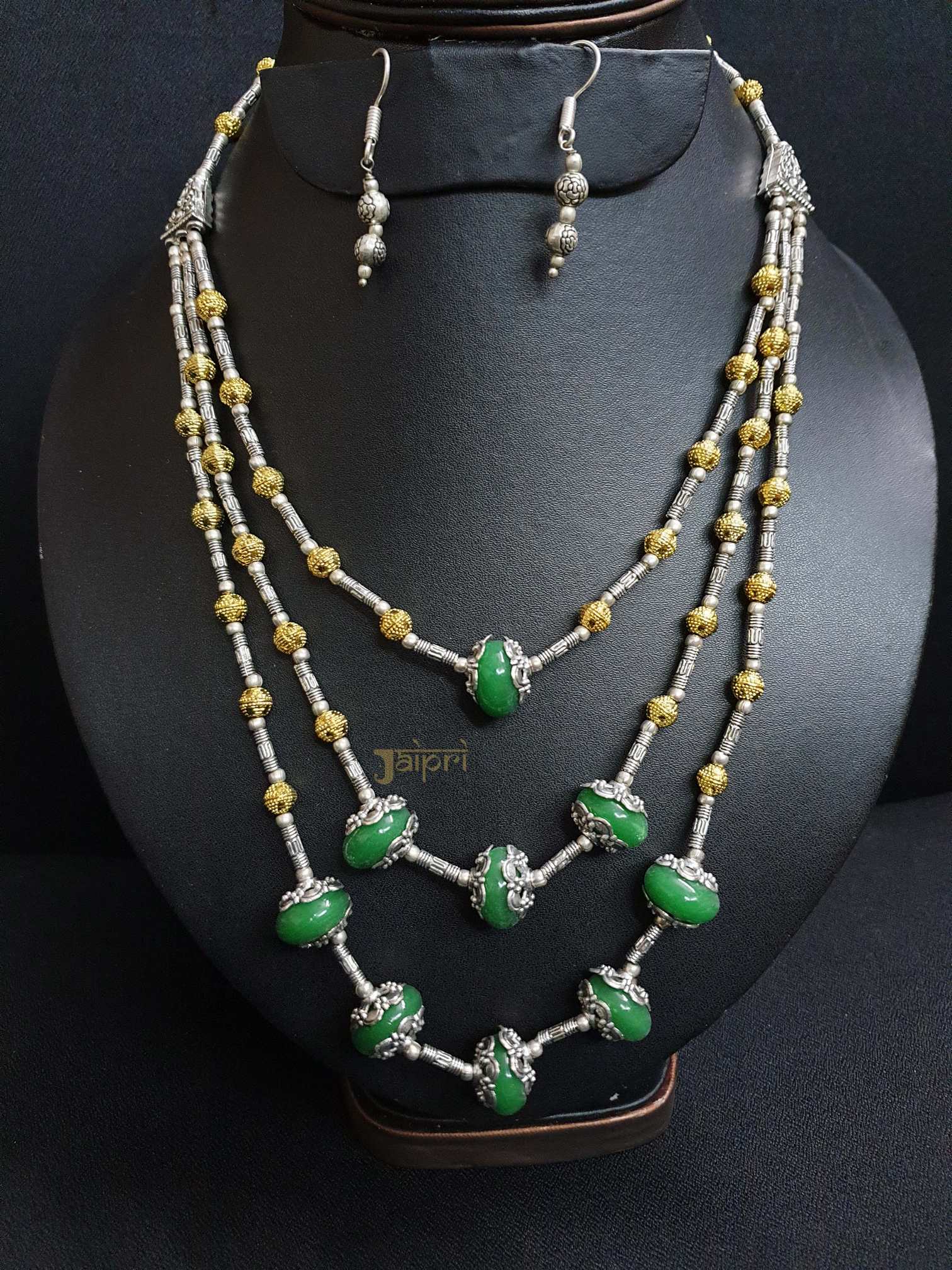 Green Stone, Oxidized Necklace With Earrings