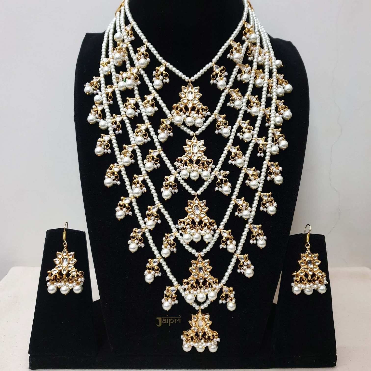 Floral Kundan & Multilayered Pearl Beads Stone Necklace With Earrings