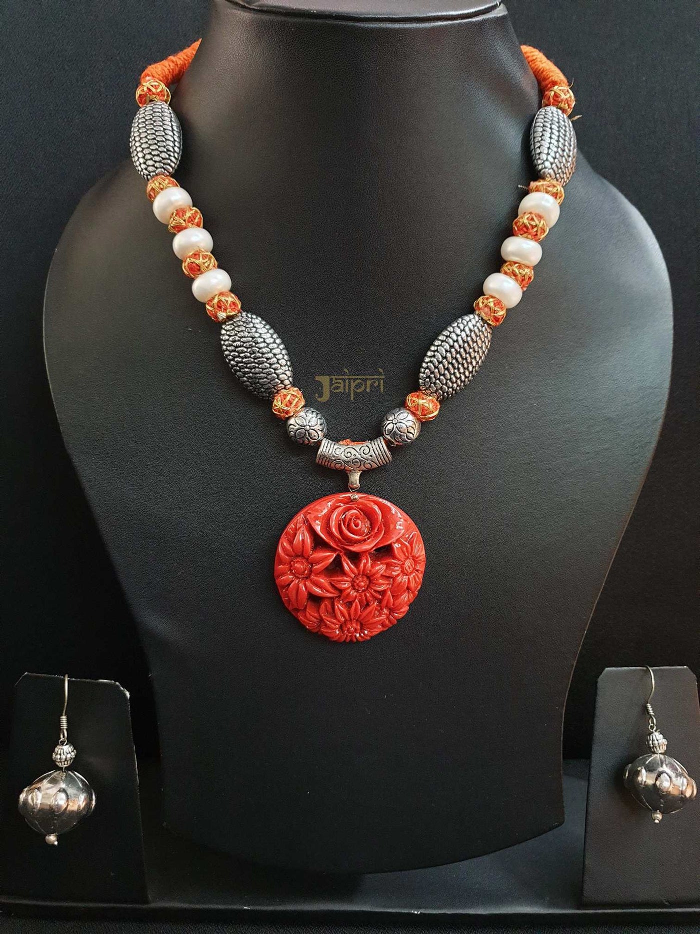 Floral Design, Red Stone Oxidized Necklace With Earrings