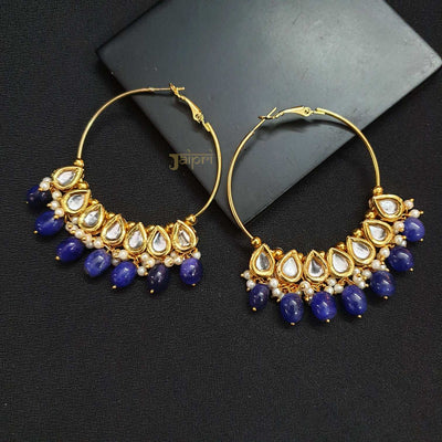 Blue Stone & Tear-Drop Design Hoops Earring