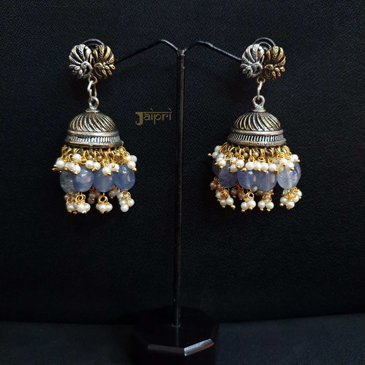 Oxidized Peacock Design & Blue Grey Stone Stud Jhumki