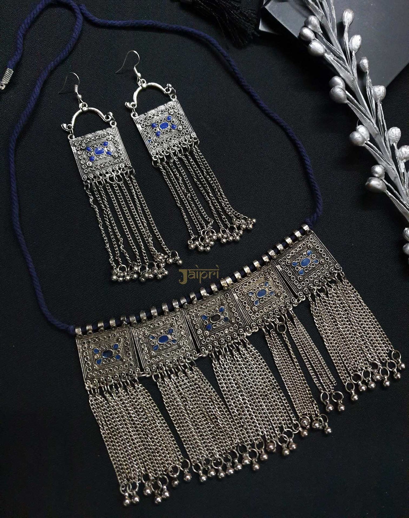 Oxidized Statement Thread Necklace With Earrings