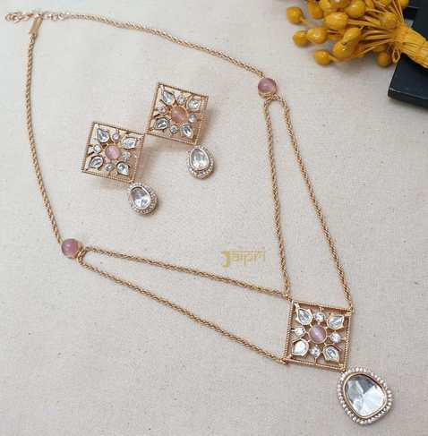 Kundan Floral & Uneven Design Necklace With Earrings