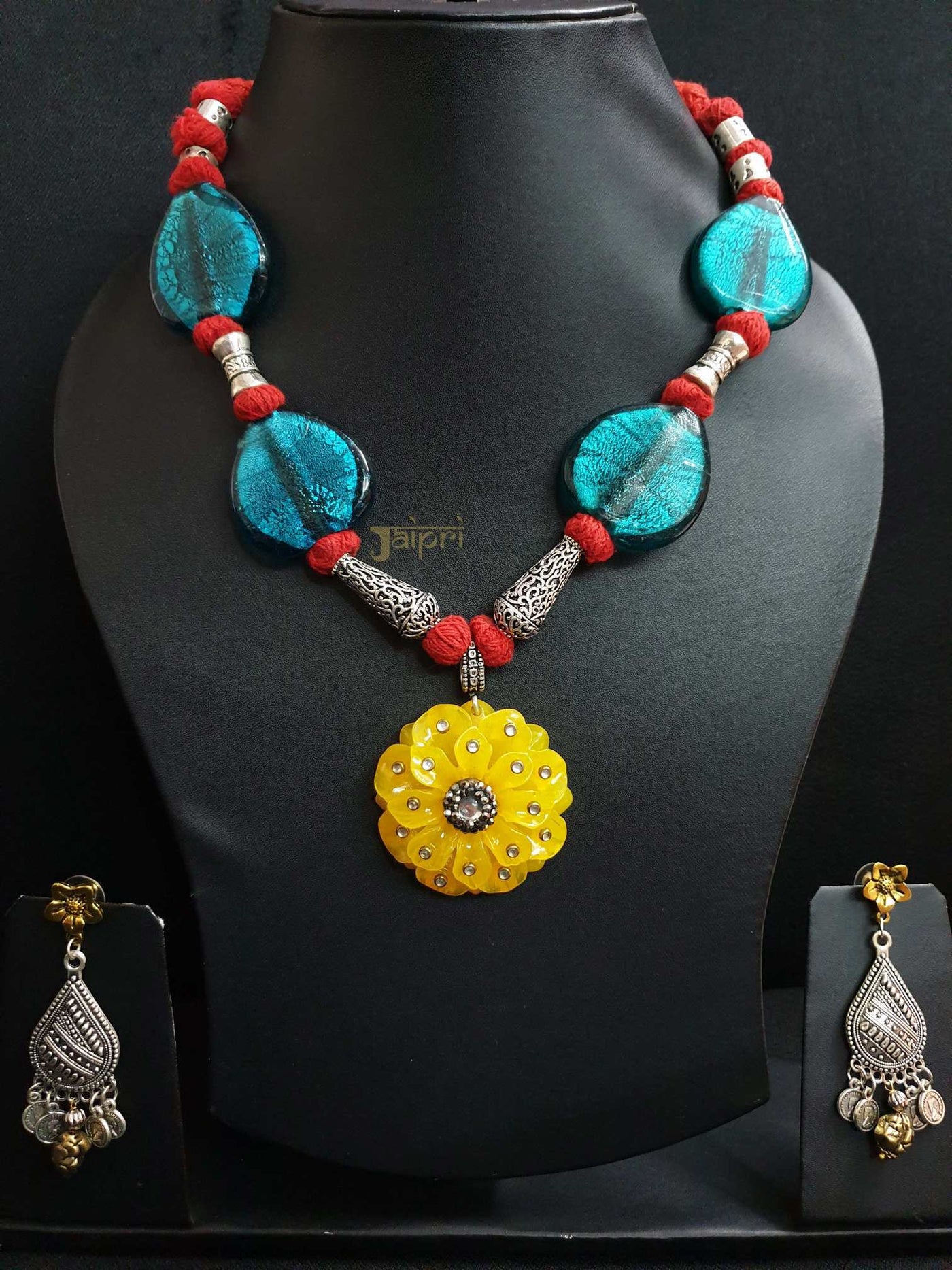 Yellow & Turquoise Stone, Floral Necklace With Earrings