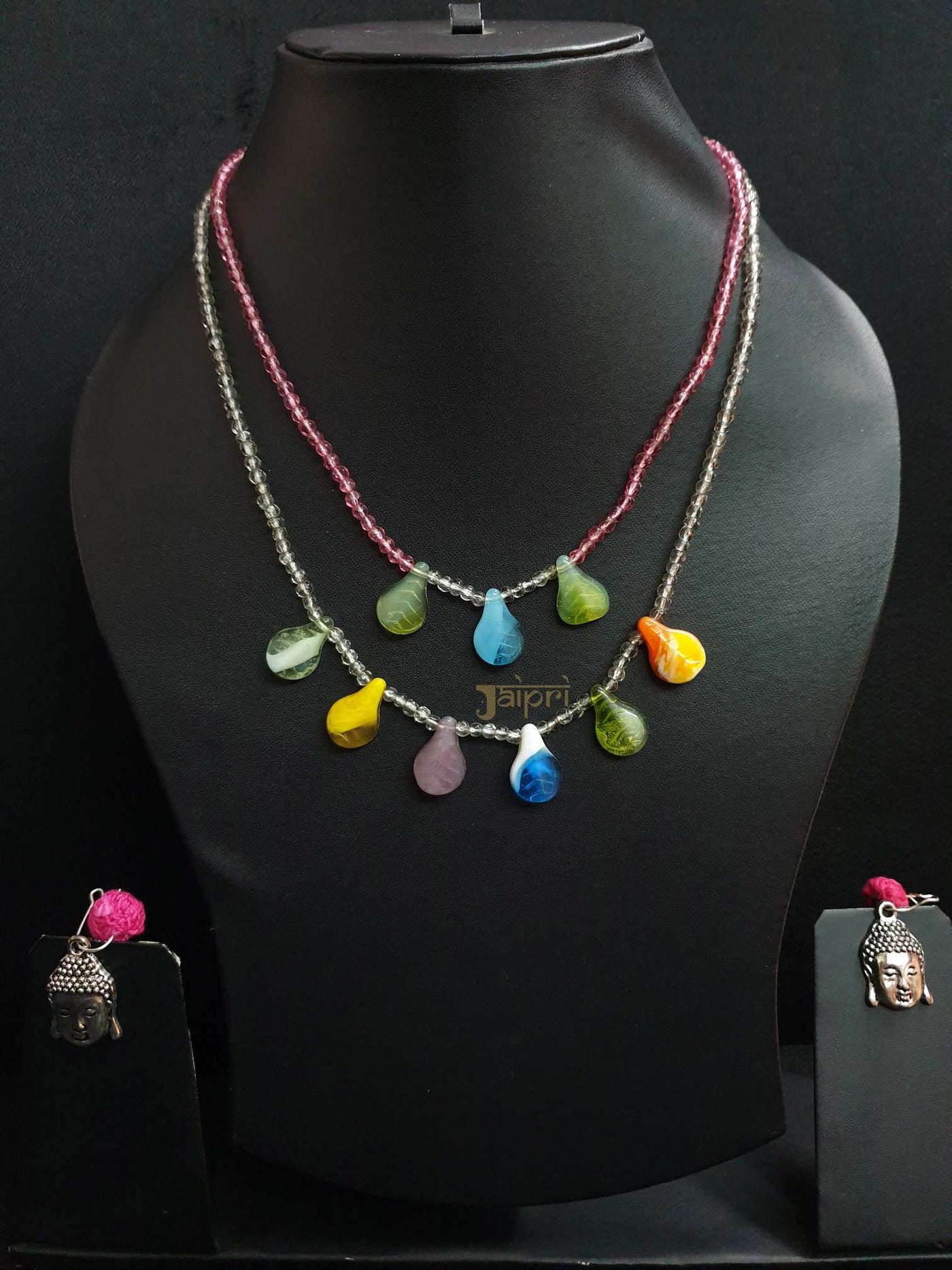 Double Layer, Multicolor Stone Necklace With Earrings