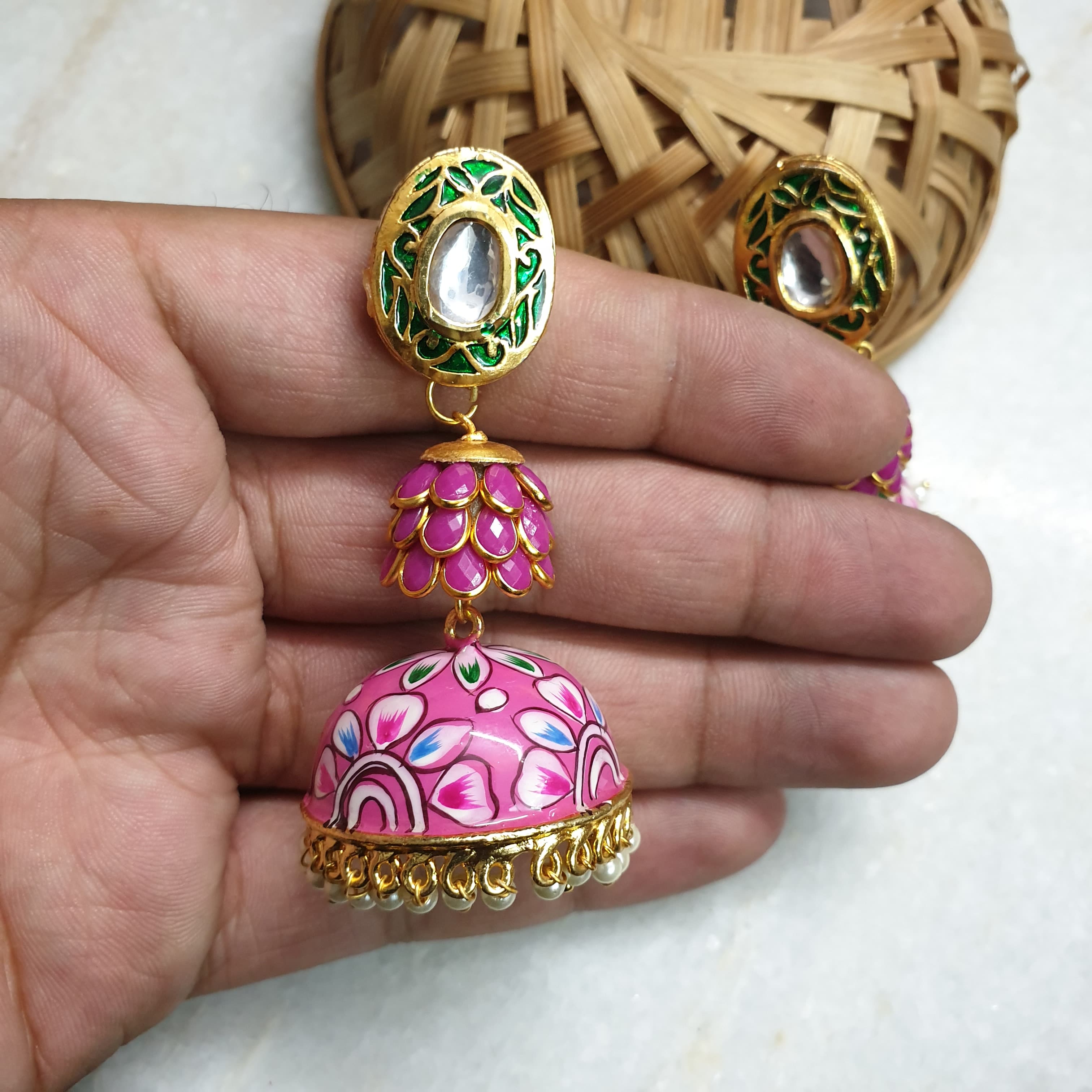 Pink Handpainted Jhumki Layered Earrings