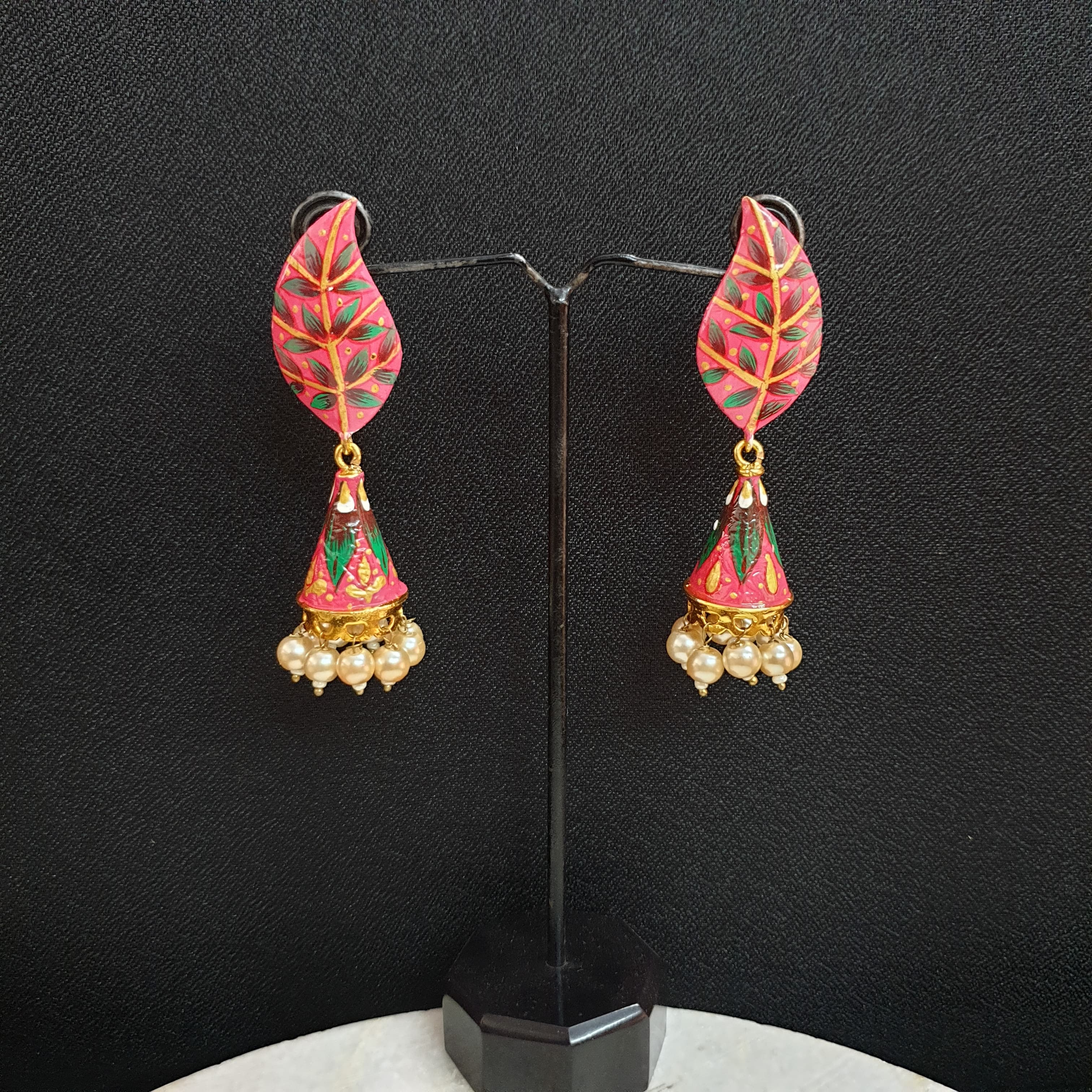 Dark Pink Handpainted Jhumki Earrings