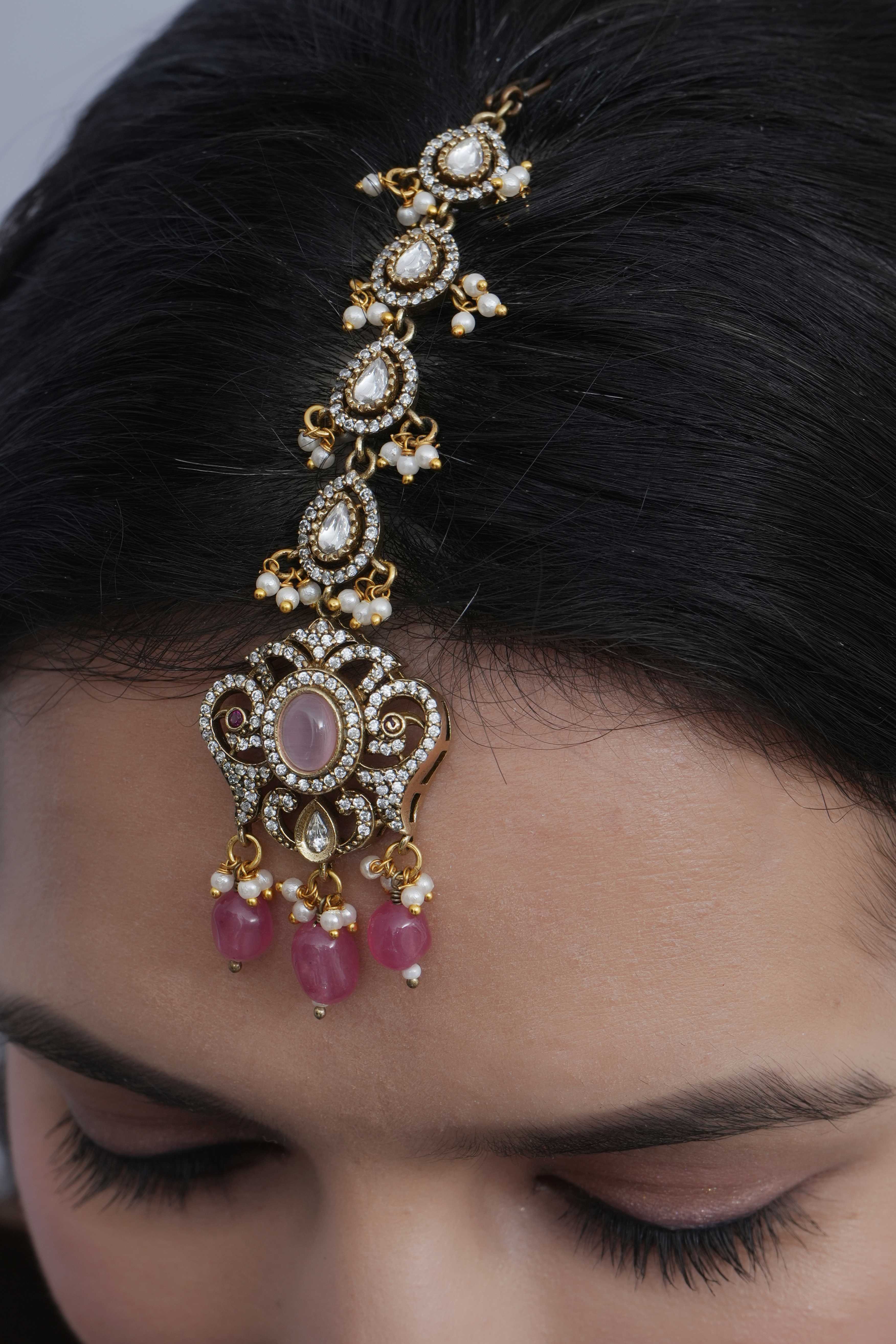 Pink Stone Designer Kundan Maang Tikka