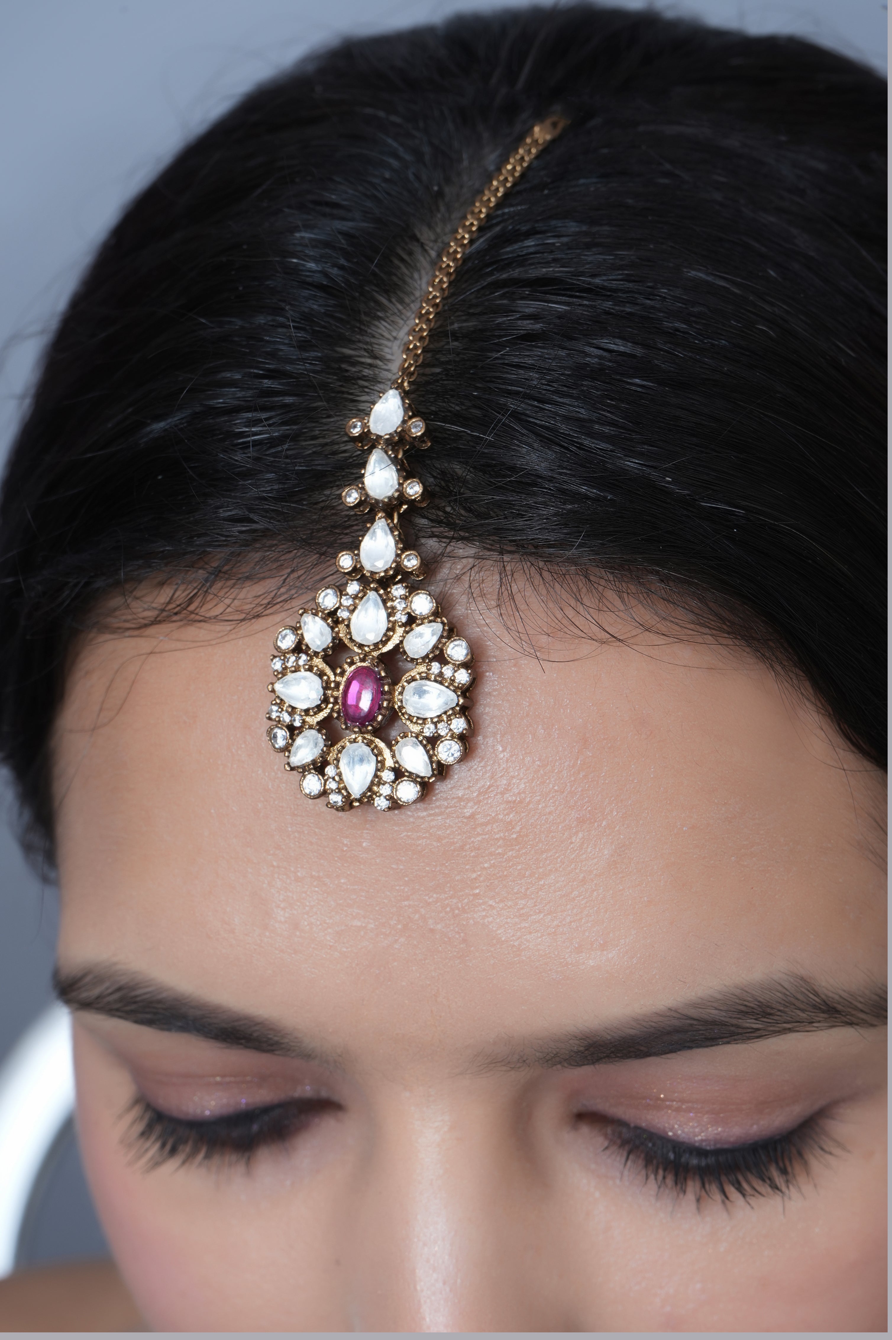 Dark Pink Stone Designer Kundan Maang Tikka