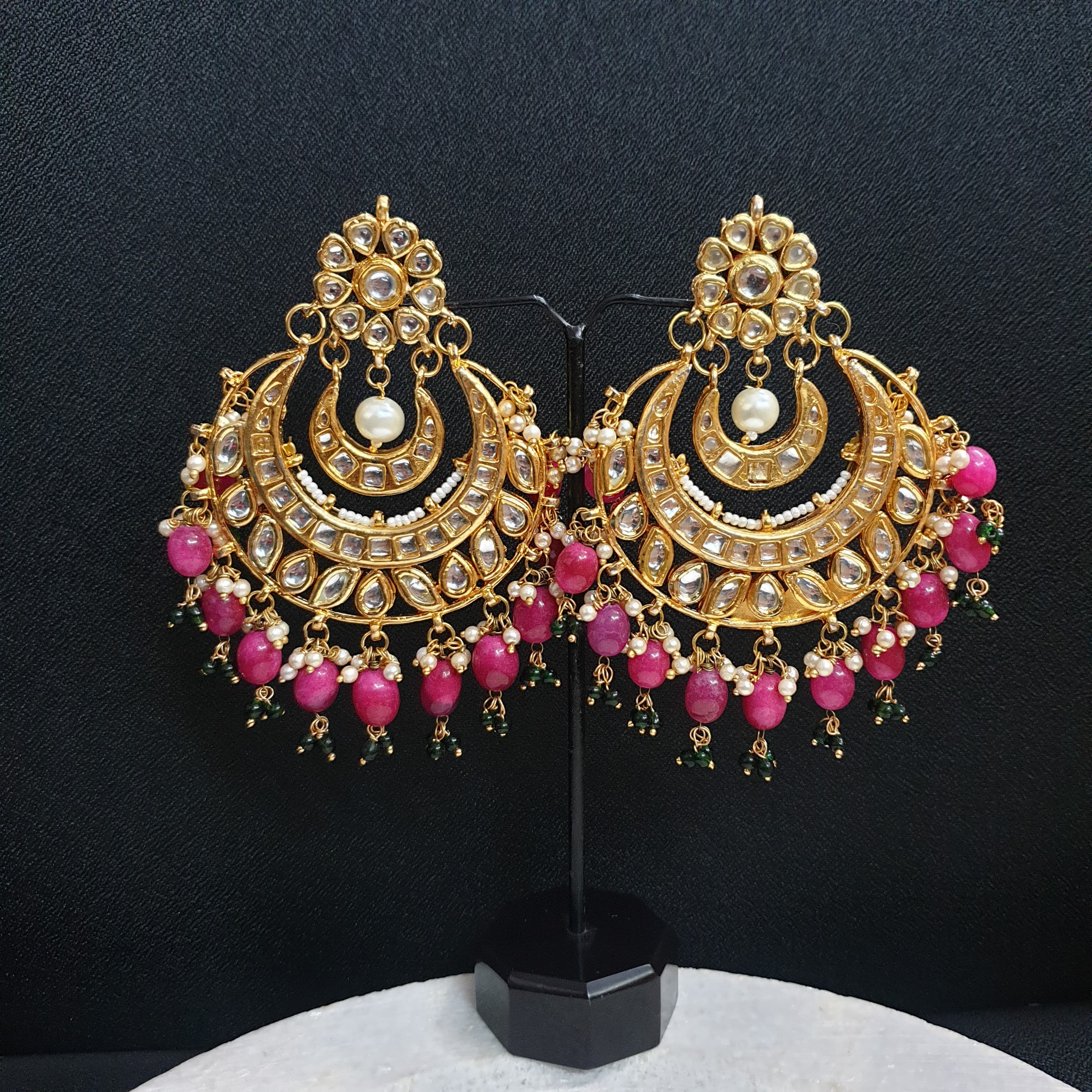Hot Pink Beading Kundan Chandbali Earrings