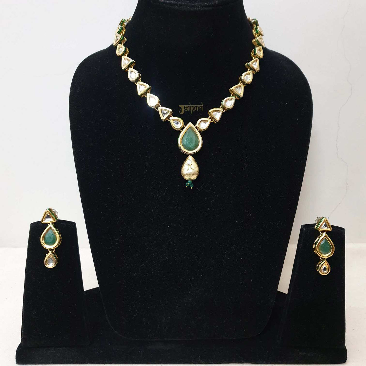 Tear-Drop Kundan & Green Beads Stone Necklace With Earrings