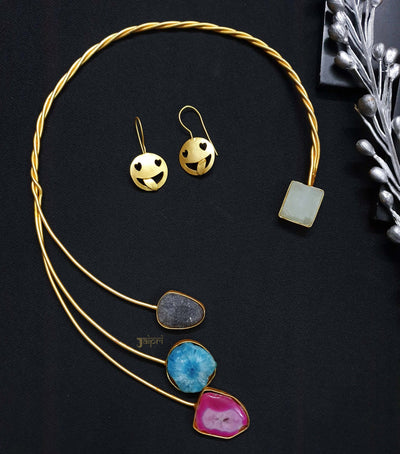 Gold Tone Agate Stone Necklace With Earrings