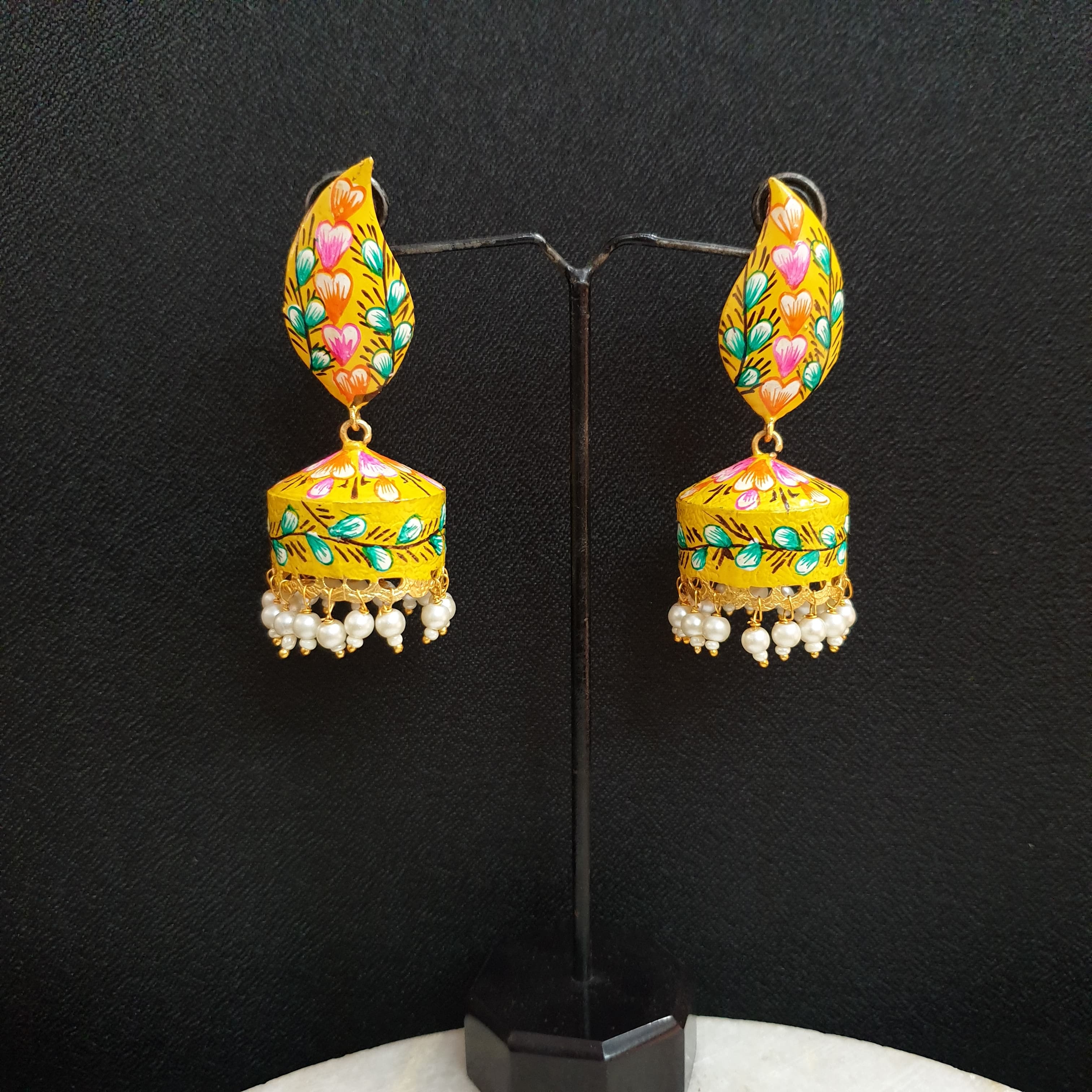 Yellow Handpainted Jhumki Earrings