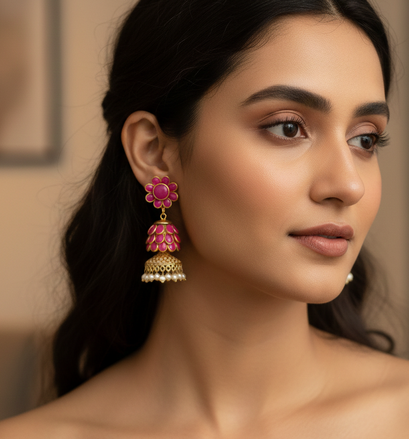 Pink Floral Golden Jhumka Earrings